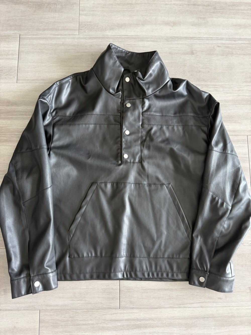 Black Faux Leather Snap Pullover (M)
